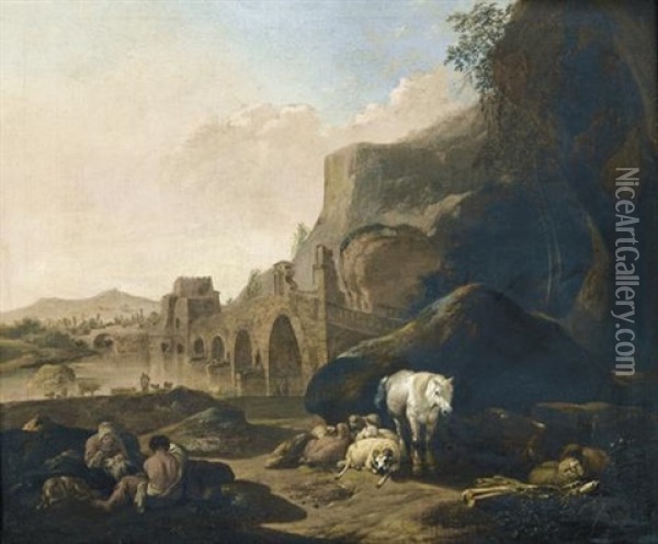 Pastorale Flusslandschaft Mit Brucke Und Staffage Oil Painting - Johann Heinrich Roos