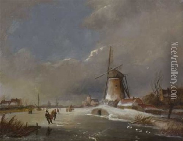 Schlittschuhlaufer In Hollandischer Winterlandschaft Oil Painting - Carl Eduard Ahrendts