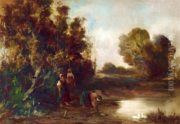 Riverside, 1870s Oil Painting - Geza Meszoely