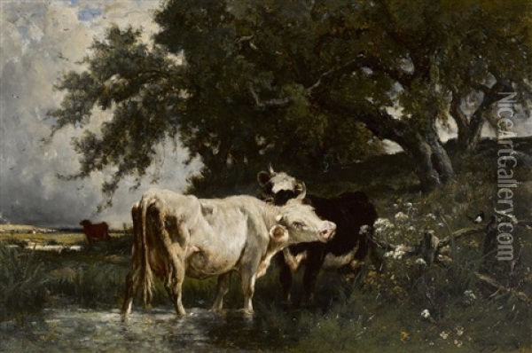 Cattle Watering Under A Sheltering Tree Oil Painting - Emile van Marcke de Lummen