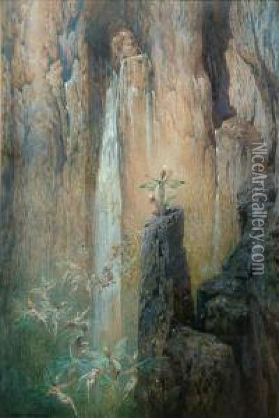Fairies Dancing By A Waterfall Oil Painting - Georg Janny