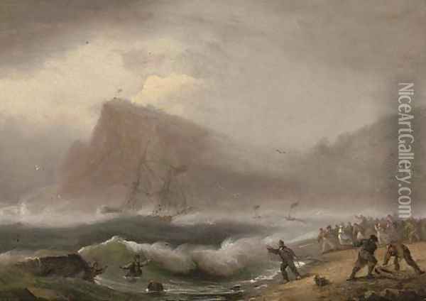 A brig running into the harbour at Teignmouth, the foreshore crowded with rescuers Oil Painting - Thomas Luny