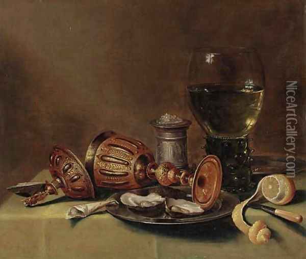 A roemer, an overturned goblet, oysters on a pewter plate Oil Painting - Gerrit Willemsz. Heda