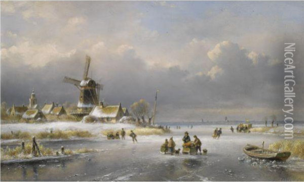 A Winter Landscape With Skaters On A Frozen Waterway Oil Painting - Lodewijk Johannes Kleijn