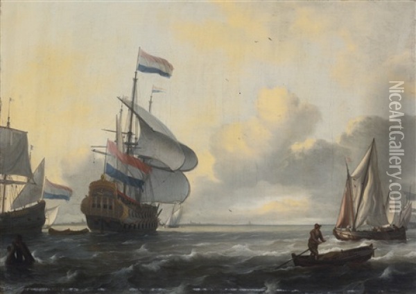 A Two-decker, A Fluyt, A Kaag And A Weyschuit In A Stiff Breeze Oil Painting - Ludolf Backhuysen the Elder
