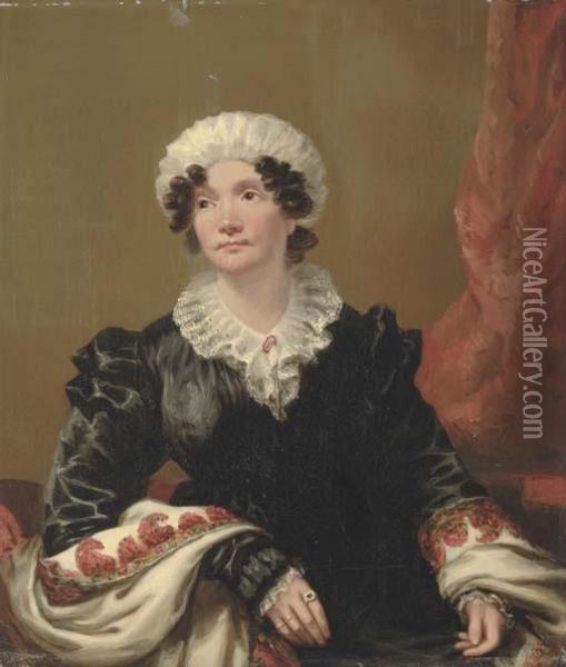 Portrait Of A Lady, Small Half-length, Seated, In A Black Dress With Shawl And White Mob Cap Oil Painting - Andrew Geddes