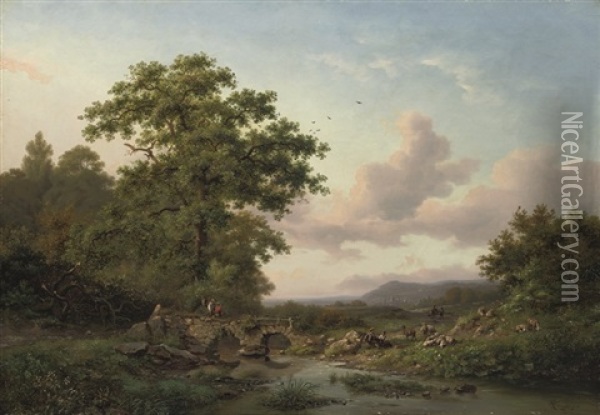 Figures By A Stream On A Summer's Day Oil Painting - Frederik Marinus Kruseman