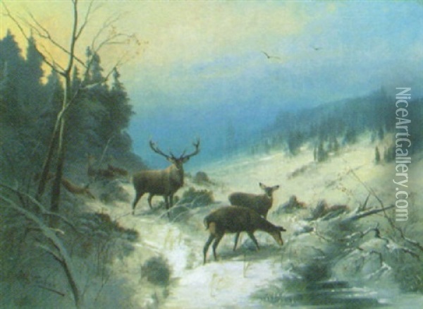 Hjortar I Vinterlandskap Oil Painting - Wilhelm Scheurer