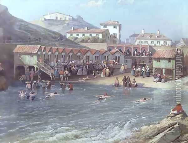 The Beginning of Sea Swimming in the Old Port of Biarritz 2 Oil Painting - Jean Jacques Alban de Lesgallery