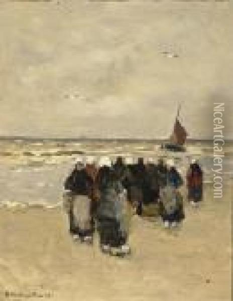Fisherfolk On The Beach Oil Painting - Gerhard Arij Ludwig Morgenstje Munthe