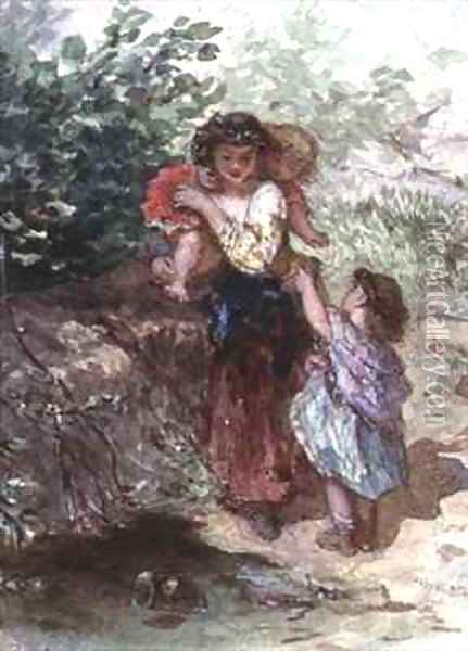 Girl standing with a Child on her Shoulders, another Child by her Side Oil Painting - Augustus Jules Bouvier