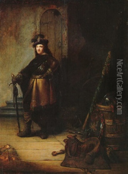 An Officer, Standing Full Length In A Guard Room Near A Staircase, Helmet On A Barrel Oil Painting - Isaac De Joudreville