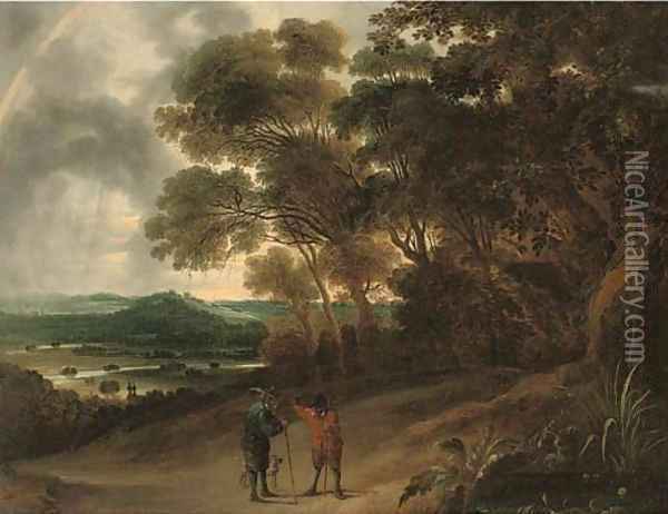 A wooded river landscape with figures conversing on a track Oil Painting - David The Younger Teniers