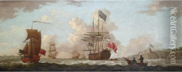 An English Squadron In St Aubin's Bay, Jersey Oil Painting - Francis Swaine