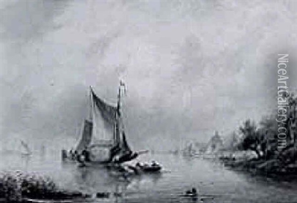 Dutch Sailing Vessels In An Estuary Oil Painting - Gerardus Hendriks