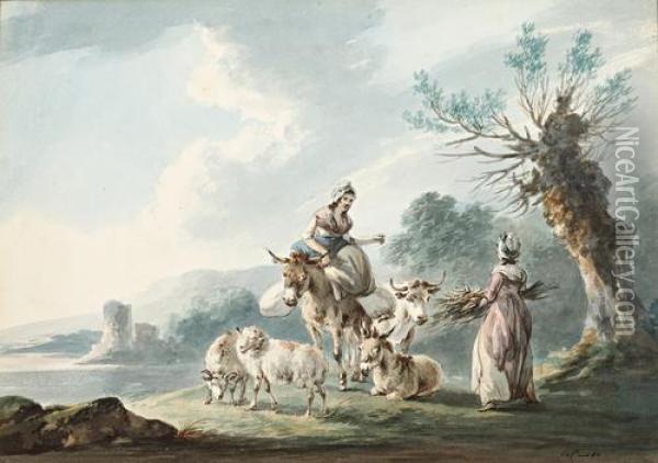 Two Women, Donkeys, A Cow And Sheep In A Landscape Oil Painting - Peter La Cave