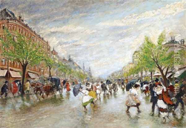 Boulevard After Summer Rain Oil Painting - Antal Berkes