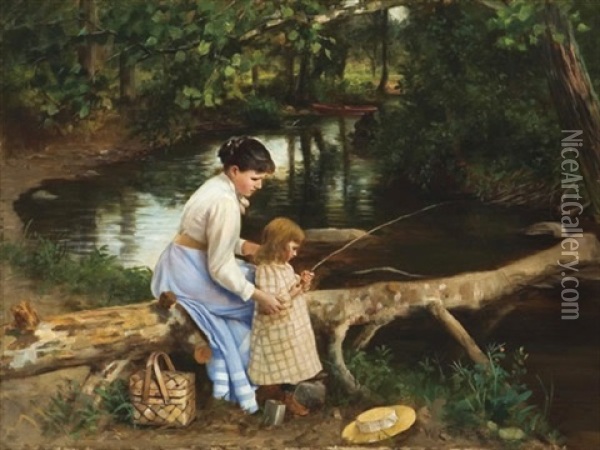 The Fishing Lesson Oil Painting - William E. Plimpton