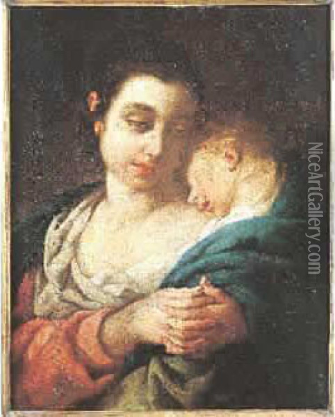 . Femme Avec Son Enfant. Toile Oil Painting - Jean Francois de Troy