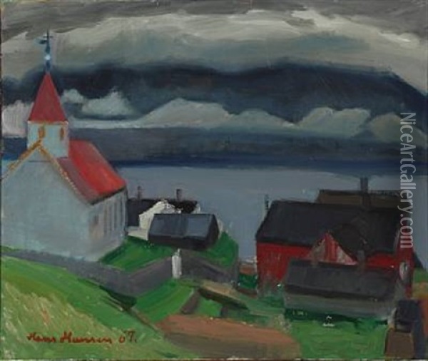 Landscape From Faroe Islands With Village And Church Oil Painting - Hans Jacob Hansen