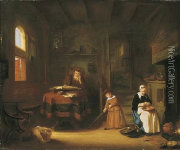 A Philosopher In An Interior With A Child Playing And A Woman Peeling Apples Oil Painting - Salomon Koninck