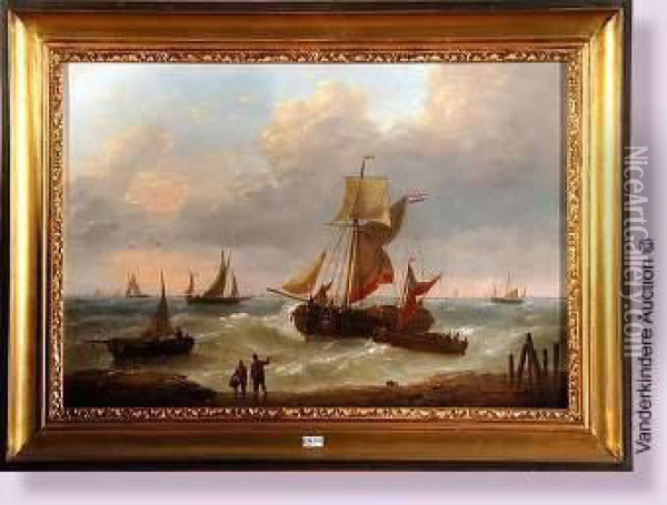 Bateaux De Peche Pres De La Cote Animee Oil Painting - Louis Verboeckhoven