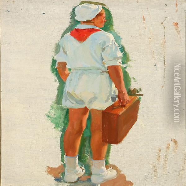 A Russian Boy With His Suitcase Oil Painting - Ivan Georgevich Drozdov