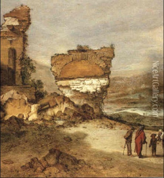 Figures In A Landscape With Ruins Beyond Oil Painting - Jacob Sibrandi Mancadan