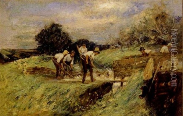 Sheep Washing In Wiltshire Oil Painting - Harry Fidler