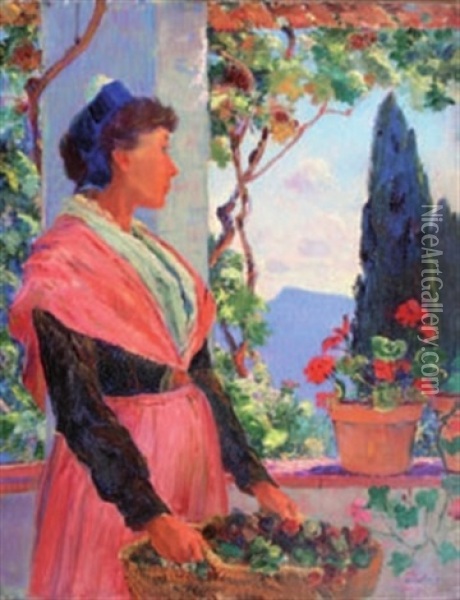 Arlesienne Sur Une Terrasse Oil Painting - Frederic Montenard
