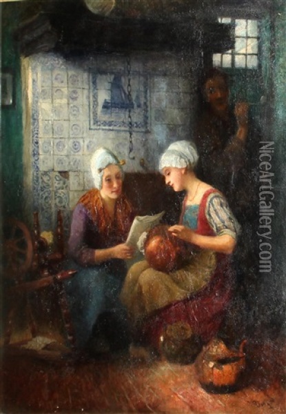 A Kitchen Interior With Three Figures Oil Painting - Carl Duxa