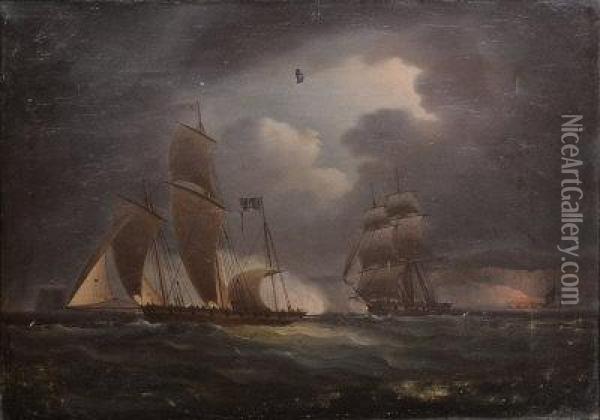 A Pirate Lugger, Running From A Man Oil Painting - Thomas Buttersworth
