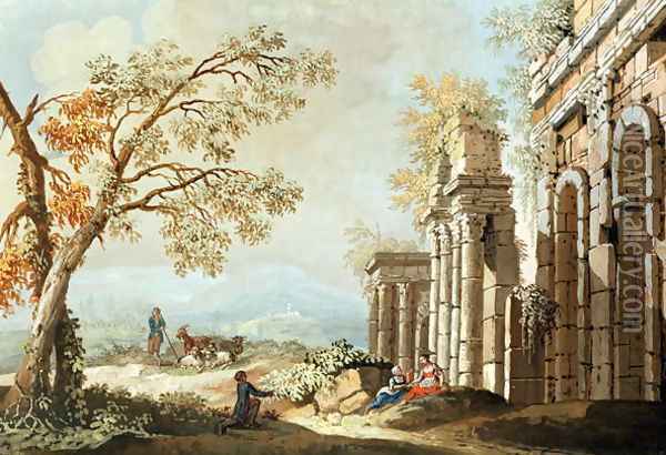 A Shepherd with Goats and other Figures amongst Classical Ruins (early 18th) Oil Painting - Anonymous Artist