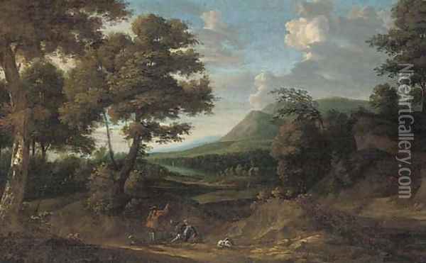 Huntsmen and their hounds on a path in a wooded landscape Oil Painting - Jan Wyck