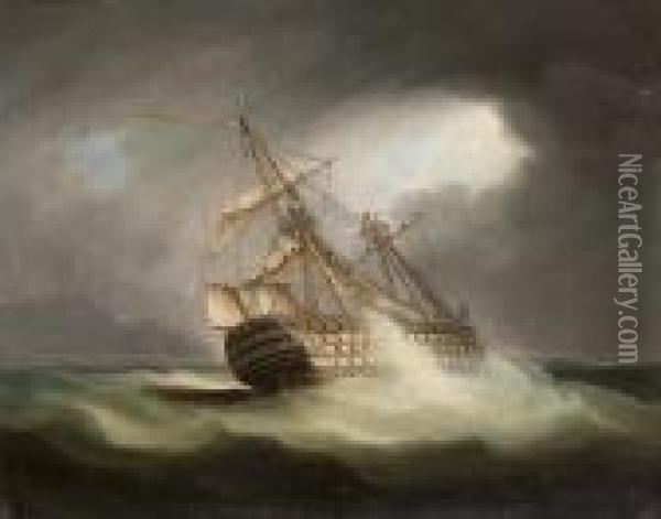 H.m.s. 'victory' In Full Sail And In A Squall Oil Painting - Thomas Buttersworth