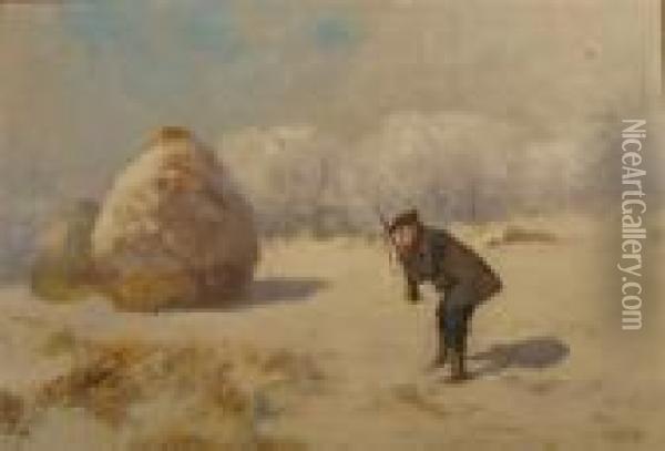 Huntsman In Winter Landscape Oil Painting - Antal Neogrady