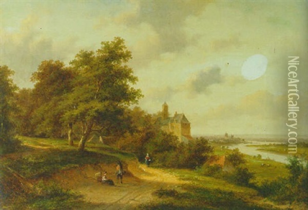 A Panoramic View Of A River Valley With Travellers Resting On A Wooden Path In The Foreground Oil Painting - Jan Evert Morel the Younger