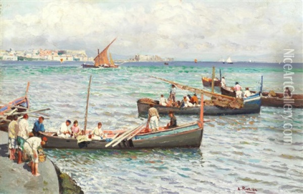 Fishing Boats On The Neapolitan Coast Oil Painting - Attilio Pratella