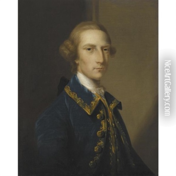 Portrait Of A Gentleman, Wearing A Blue Frock Coat Oil Painting - John Astley