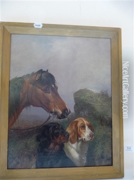 A Bay Pony And Two Gun Dogs In Heather Moorland Oil Painting - Colin Graeme