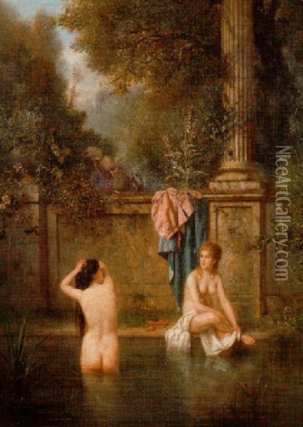 Bathers Being Observed Over The Garden Wall Oil Painting - Tony-Francois de Bergue