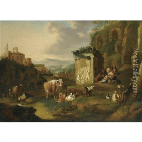 An Italianate Landscape With Cattle And Peasants Beside Roman Ruins Oil Painting - Abraham Jansz. Begeyn
