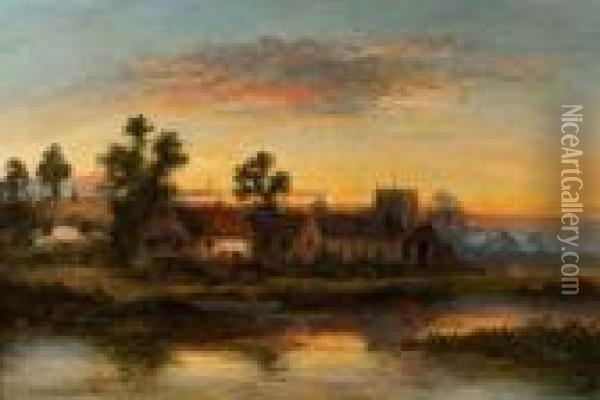 Avillage Scene At Sunset With Lake In The Foreground And Parishchurch Oil Painting - William Langley