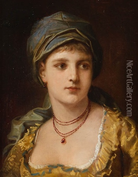 Junge Frau In Robe Mit Rubinschmuck Und Haube Oil Painting - Anton Ebert