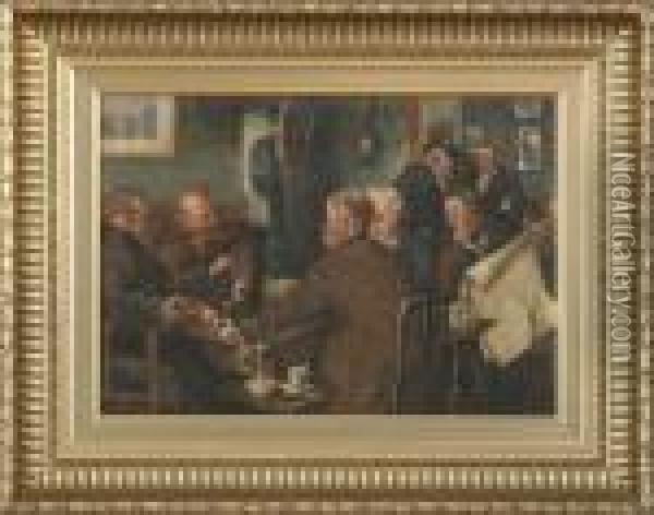 Simony Jensen: Interior From A Tap Room With Men Playing Card. Signed Simony Jensen Oil Painting - Olaf Simony Jensen