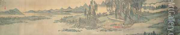 Handscroll depicting a landscape with the colophon poem, Fishing in Willow Brook, Chinese, 1706 Oil Painting - Hui Wang