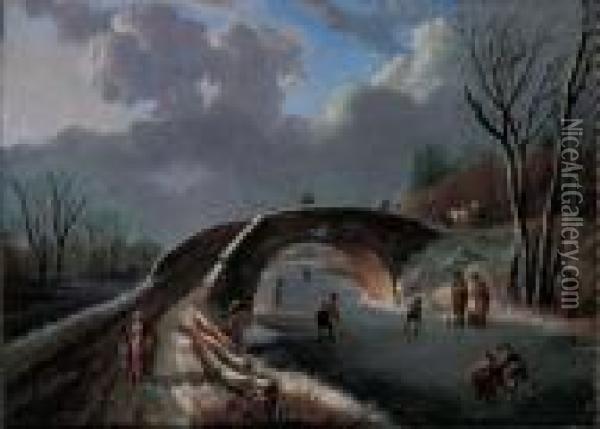 A Winter Landscape With Skaters On A Frozen River Oil Painting - Andries Vermeulen