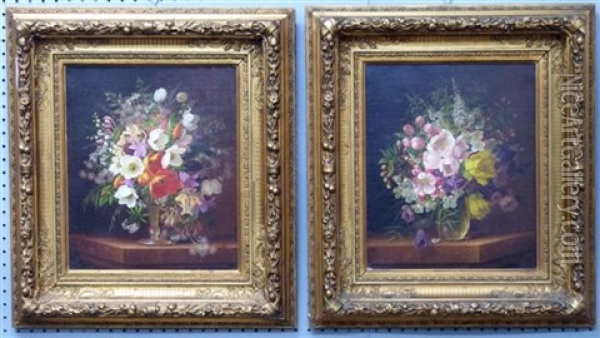 Still-life Of Summer Flowers In Vase (pair) Oil Painting - Adelheid Dietrich