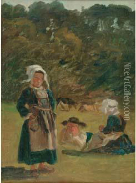 Enfants Bretons, Douarnenez 1865 Oil Painting - Paul Huet