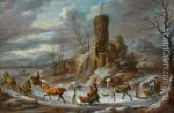 Corsa In Slitta In Un Paesaggio Invernale Oil Painting - Robert Griffier
